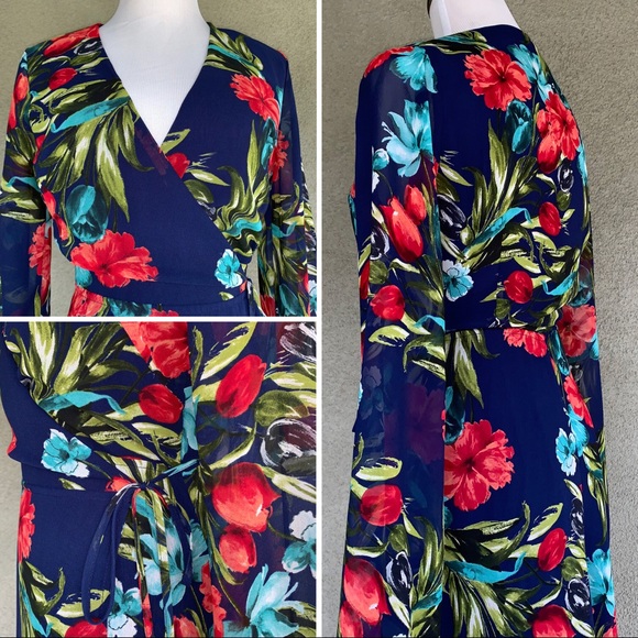 “The Room” Navy Floral Chiffon Maxi Wrap Dress Sm - Picture 3 of 8